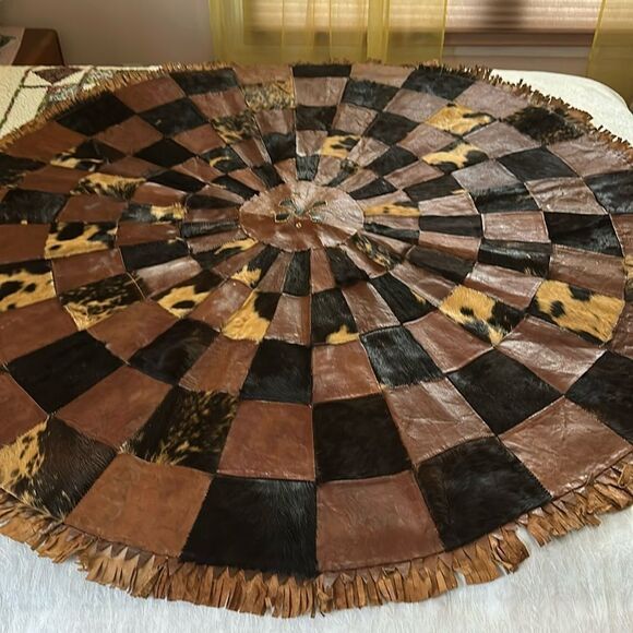 Leather Cowhide Patchwork Circular Rug Brown and Black - Picture 2 of 15